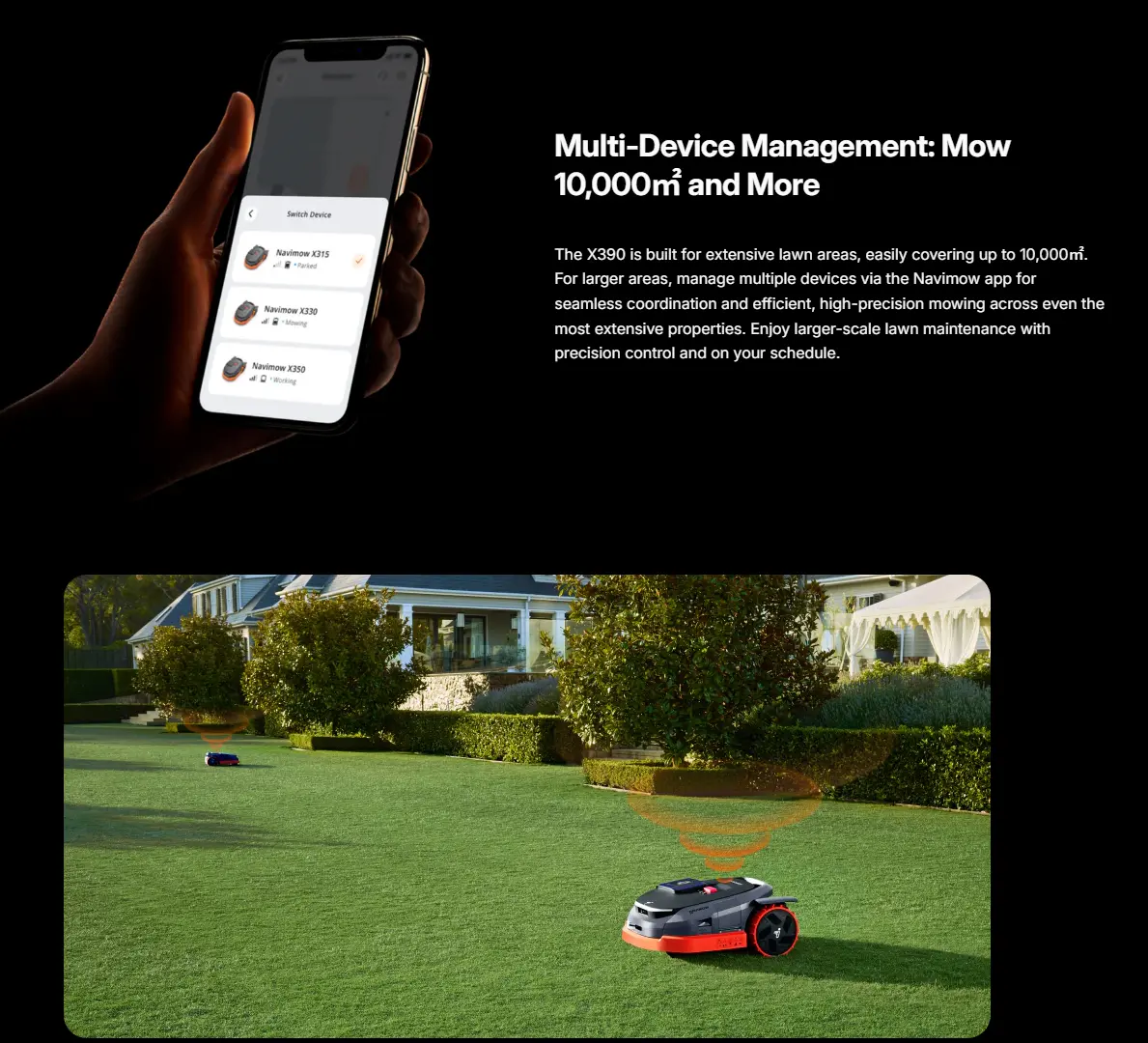 Smartphone app interface and robot lawn mower on a lawn with text about multi-device management.