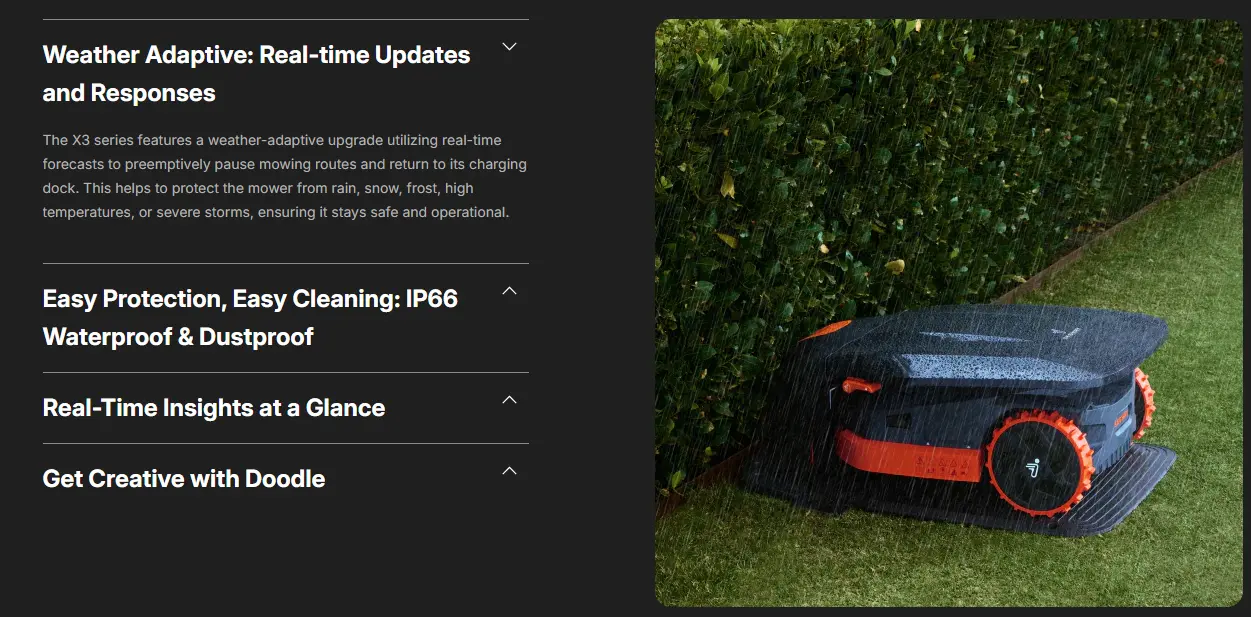 Product with features listed on a screen, including weather adaptive updates and real-time insights.