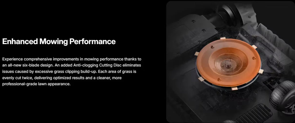 Lawn mower with cutting disc and text about enhanced mowing performance