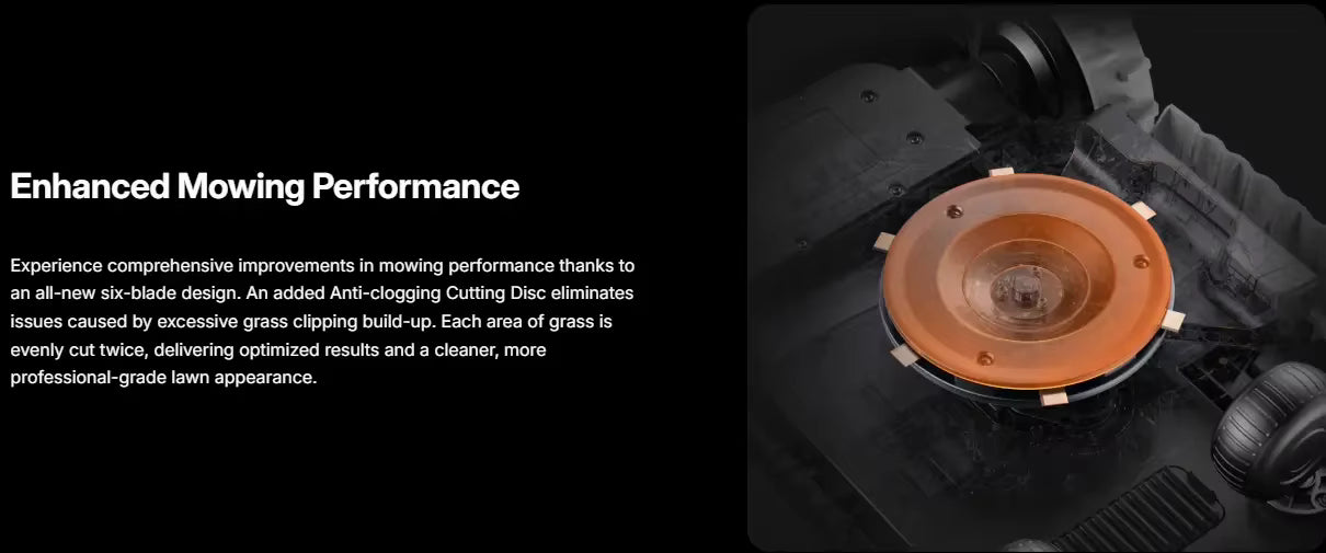 Lawn mower with cutting disc and text about enhanced mowing performance