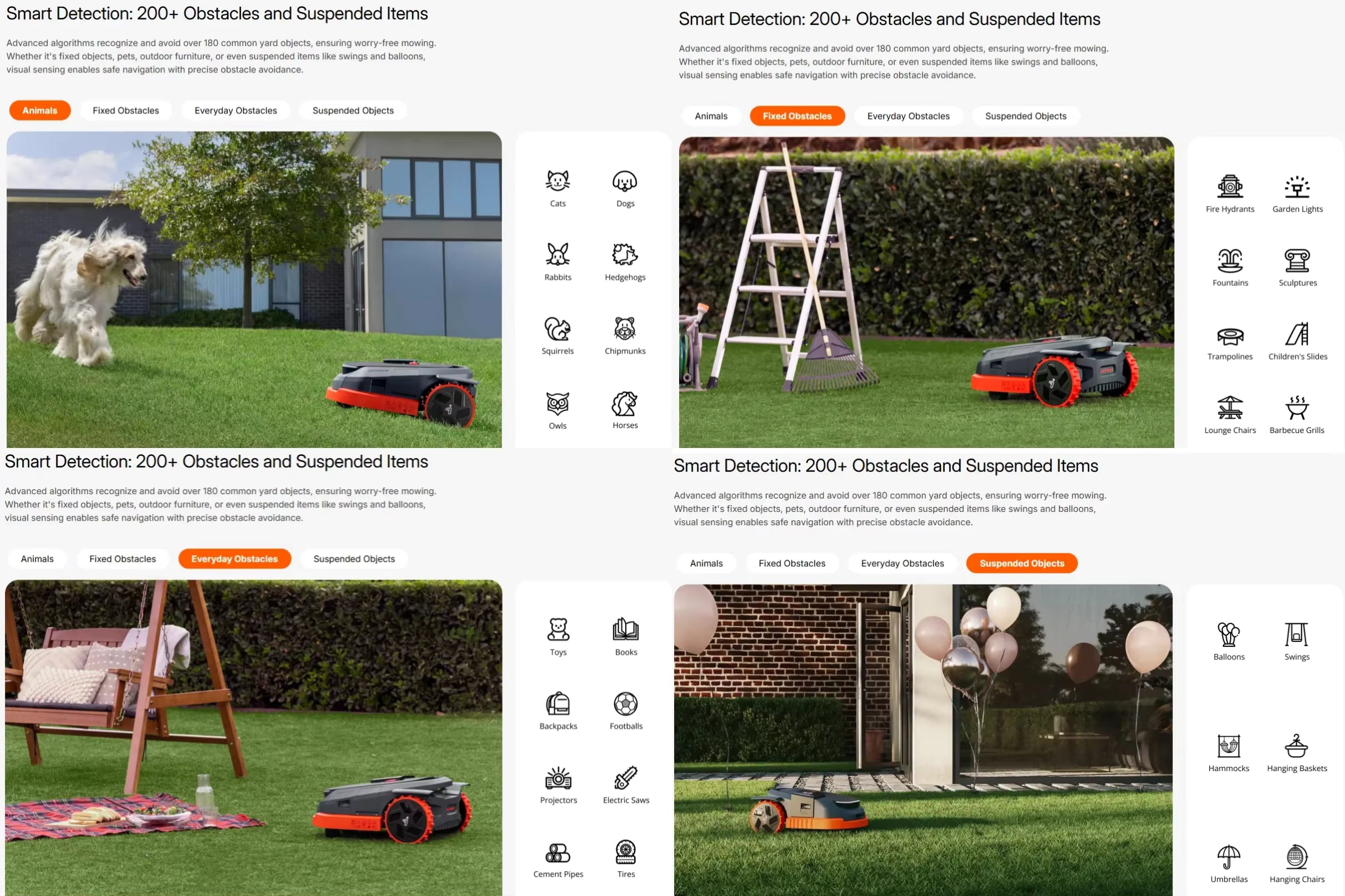 Product page with images of a robot lawn mower in various outdoor settings.