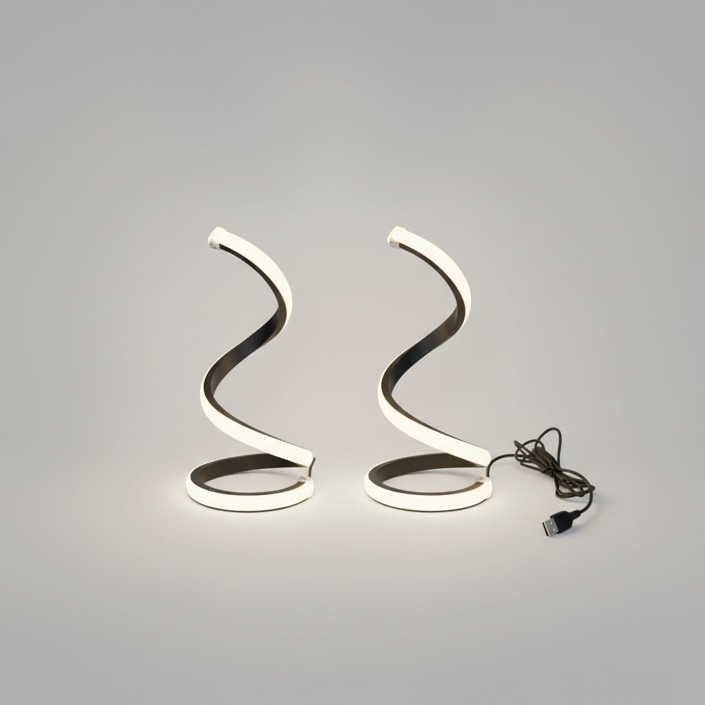 Two USB powered flexible spiral LED desk lamps shown side-by-side on a plain white background with text reading 'Power Supply: USB Powered' at the top.