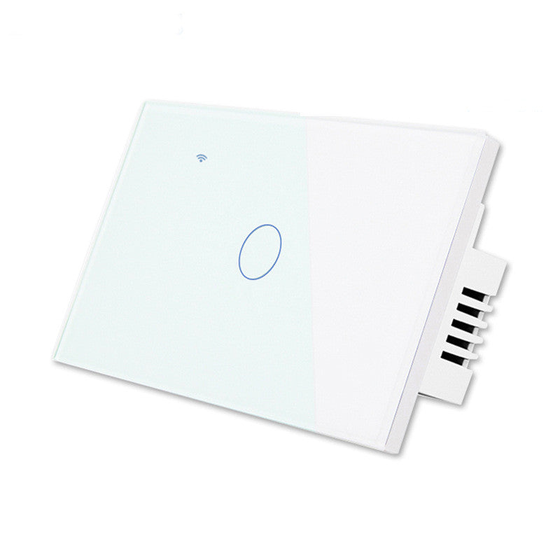 A modern wireless wall switch panel with a white faceplate, featuring a light blue tinted glass touch panel on the left with a blue wireless icon and a blue oval outline, and a white side housing multiple black terminal connectors.