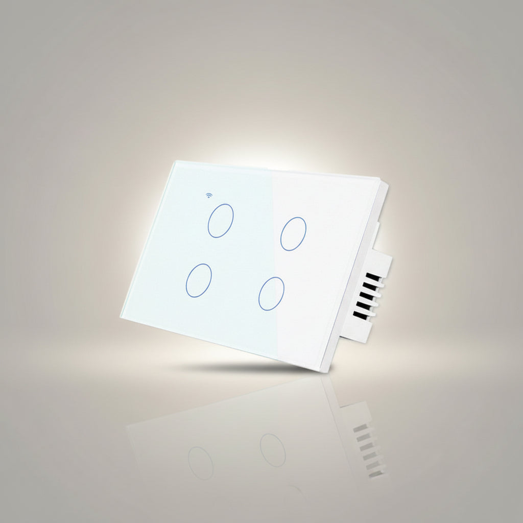 A white wireless smart touch panel switch with four circular buttons outlined in blue, shown on a white background with feature icons and a hand holding a smartphone displaying the companion app.
