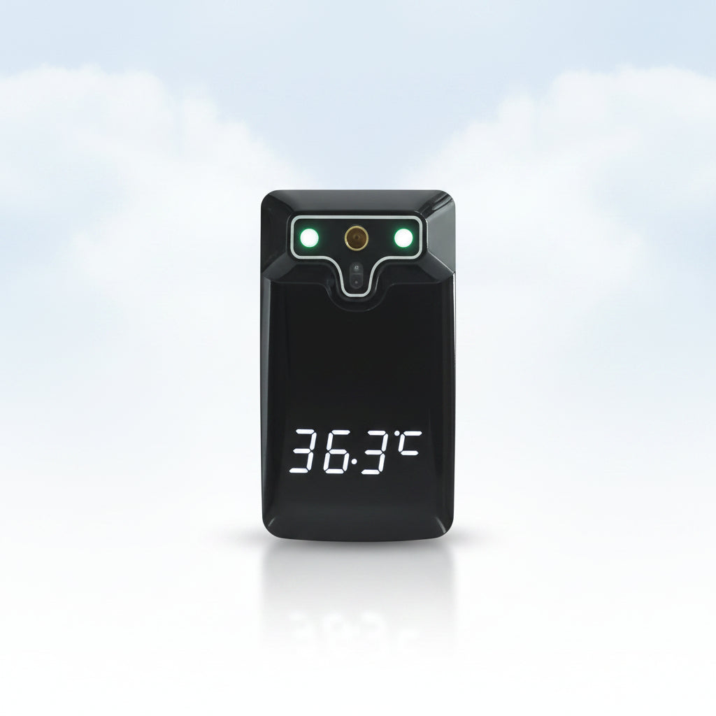 A black digital thermometer pocket clip with a glossy finish, featuring a white LED display showing 36.3°C and a green temperature scale, resting on a white surface.