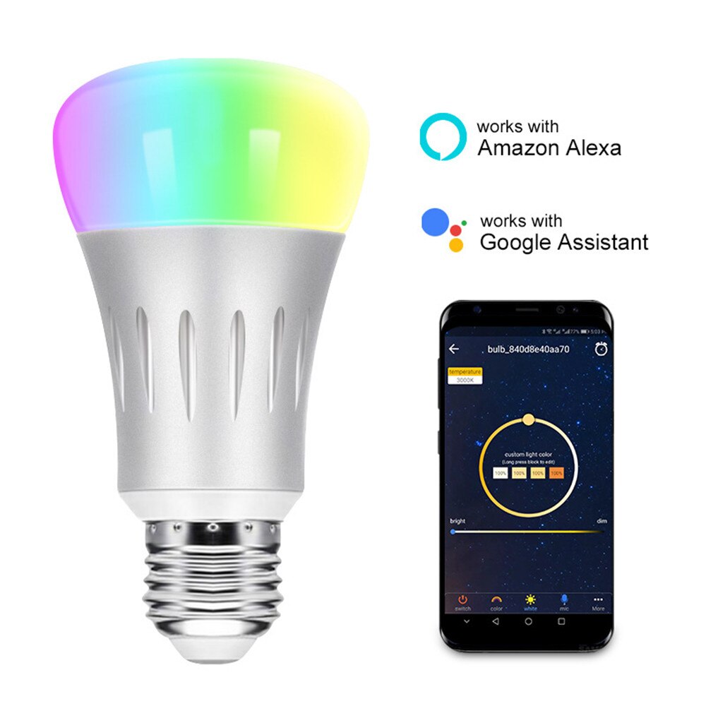 Smart LED light bulb with color-changing capabilities and compatibility with Amazon Alexa and Google Assistant, displayed alongside a smartphone app interface.