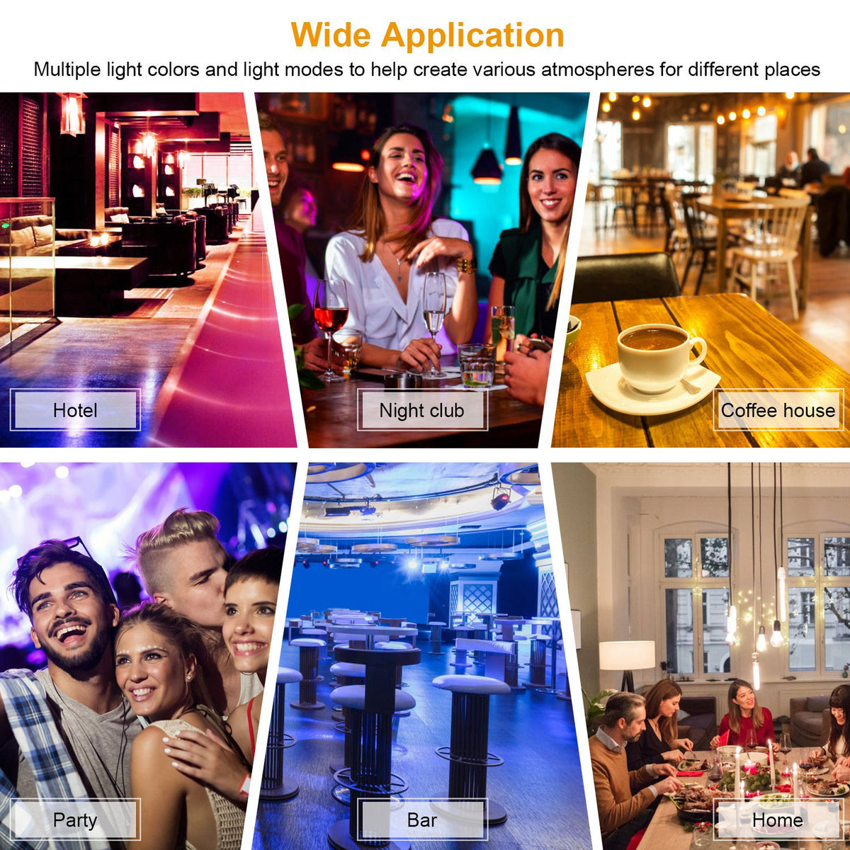 Collage of different settings with text indicating their use cases: Hotel, Night club, Coffee house, Party, Bar, Home.