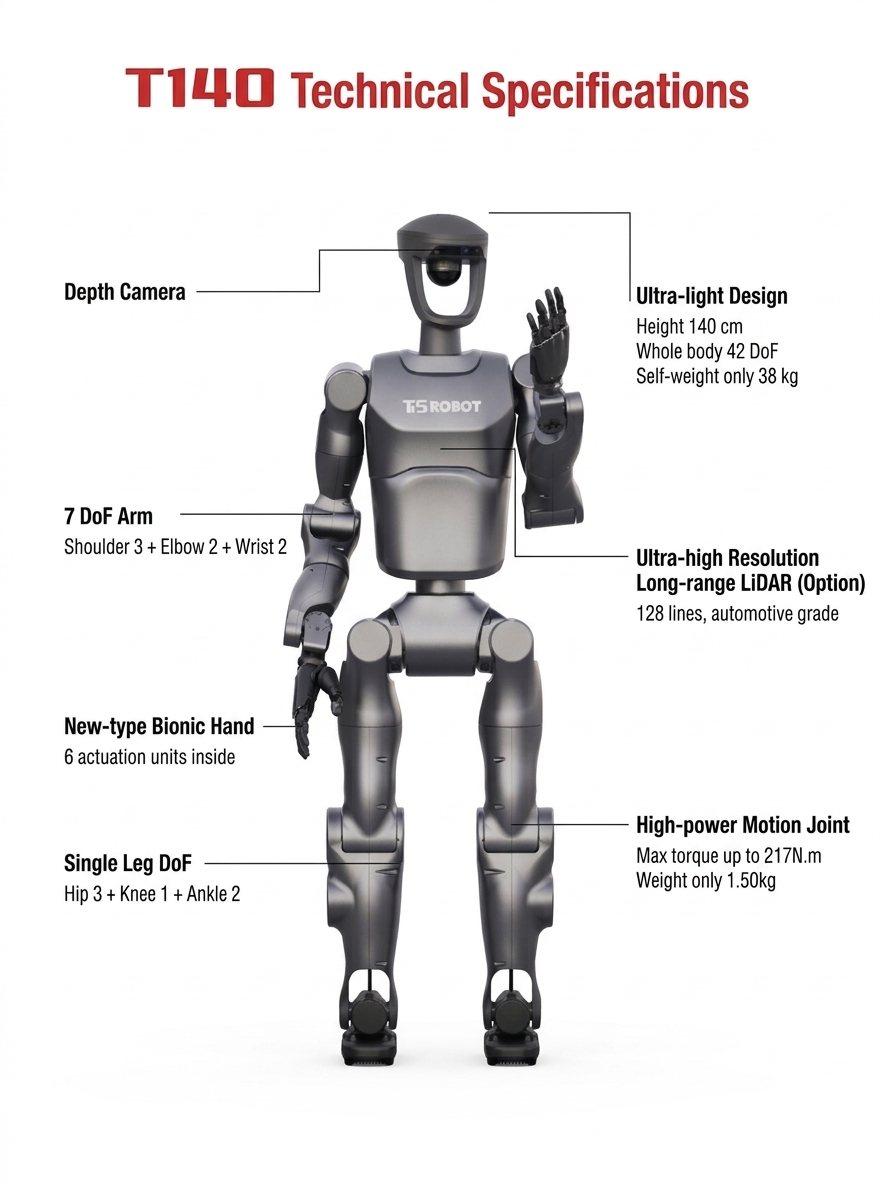 Ti5 T140A V2.1 humanoid robot front view • 42‑DOF bipedal AI robot with dexterous hands • Jetson Orin powered humanoid robot for research • Pro model with RealSense vision sensors