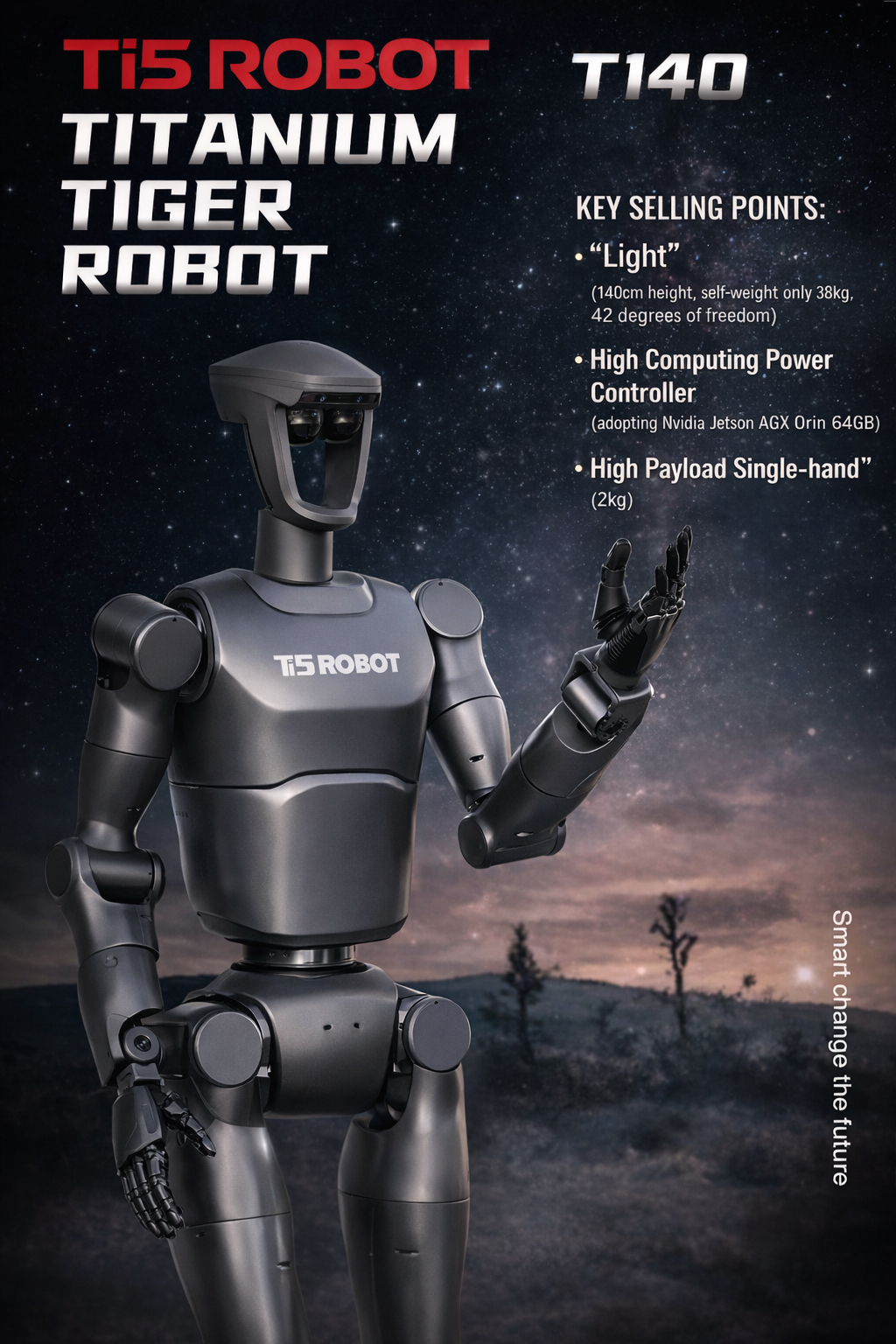 Ti5 T140A V2.1 humanoid robot front view • 42‑DOF bipedal AI robot with dexterous hands • Jetson Orin powered humanoid robot for research • Pro model with RealSense vision sensors