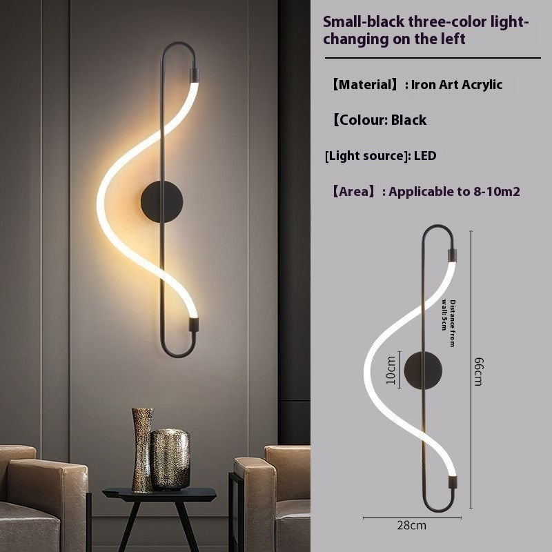 S-shaped wall-mounted LED light fixture in black iron art acrylic, shown lit in a modern living room setting on the left, with a technical dimension diagram and product specifications on the right.