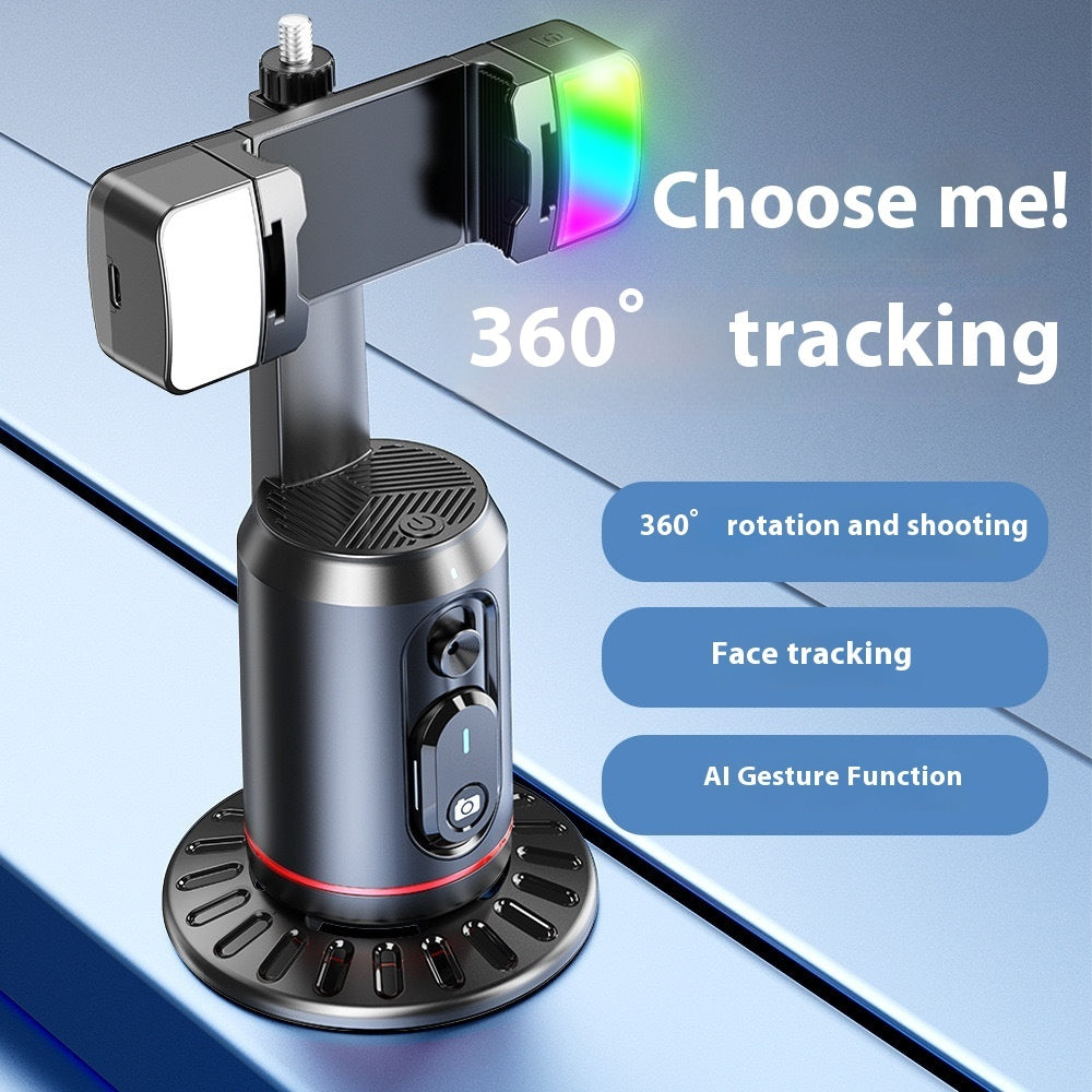 360-degree camera tracking device with smartphone holder on a blue gradient background