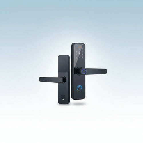“Black WiFi digital smart door lock with fingerprint, password, and key entry