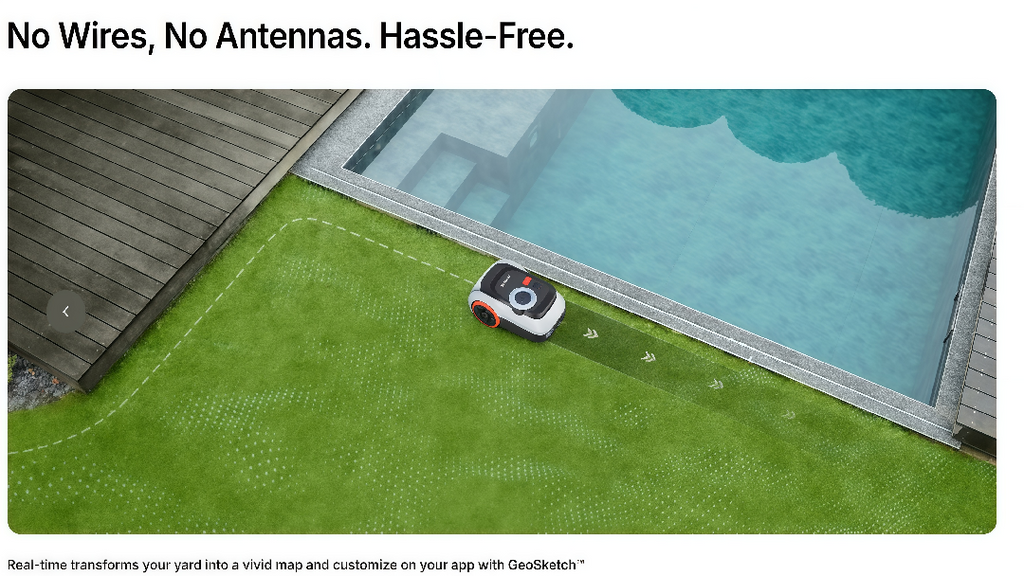 Robotic pool cleaner on a pool deck with text 'No Wires, No Antennas. Hassle-Free.'