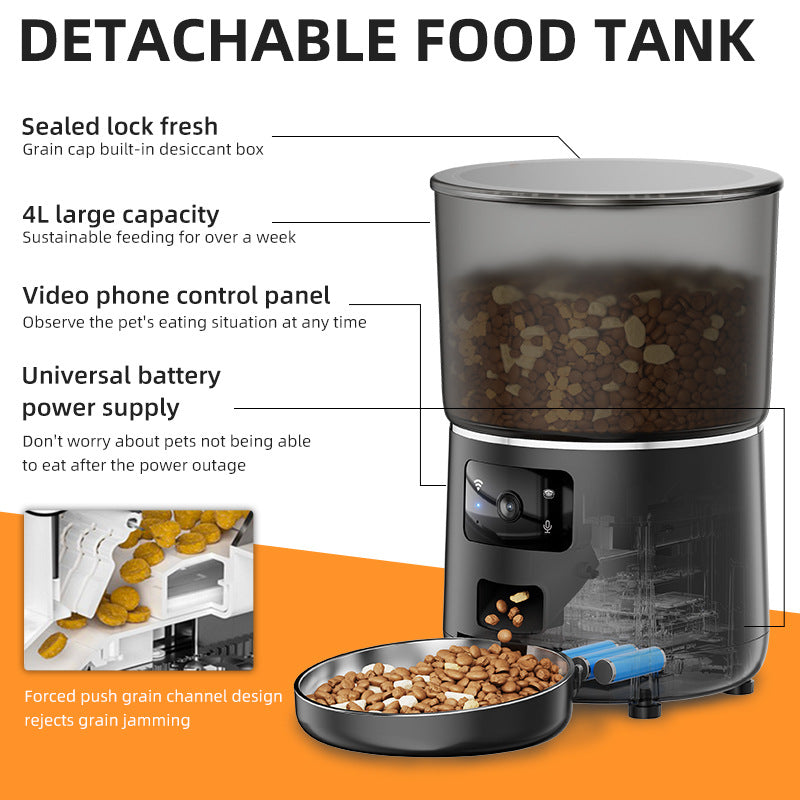 Detachable food tank for pets with features highlighted on a white background