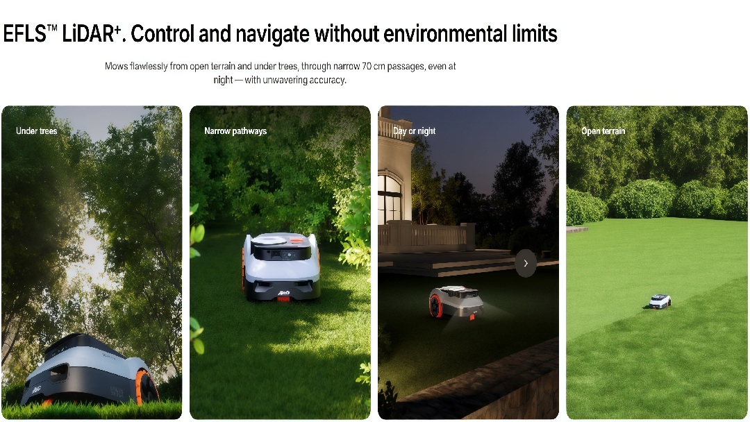 Robotic lawn mower in various settings with text about LiDAR technology.
