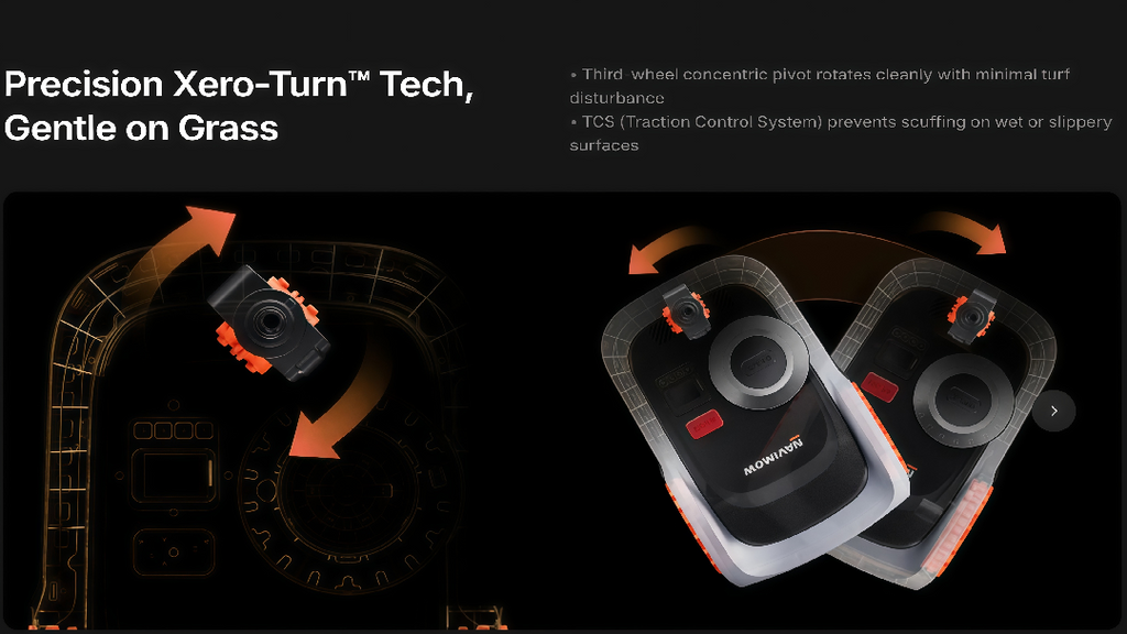 Technical illustration of a lawn mower's cutting mechanism with text about Xero-Turn Tech.