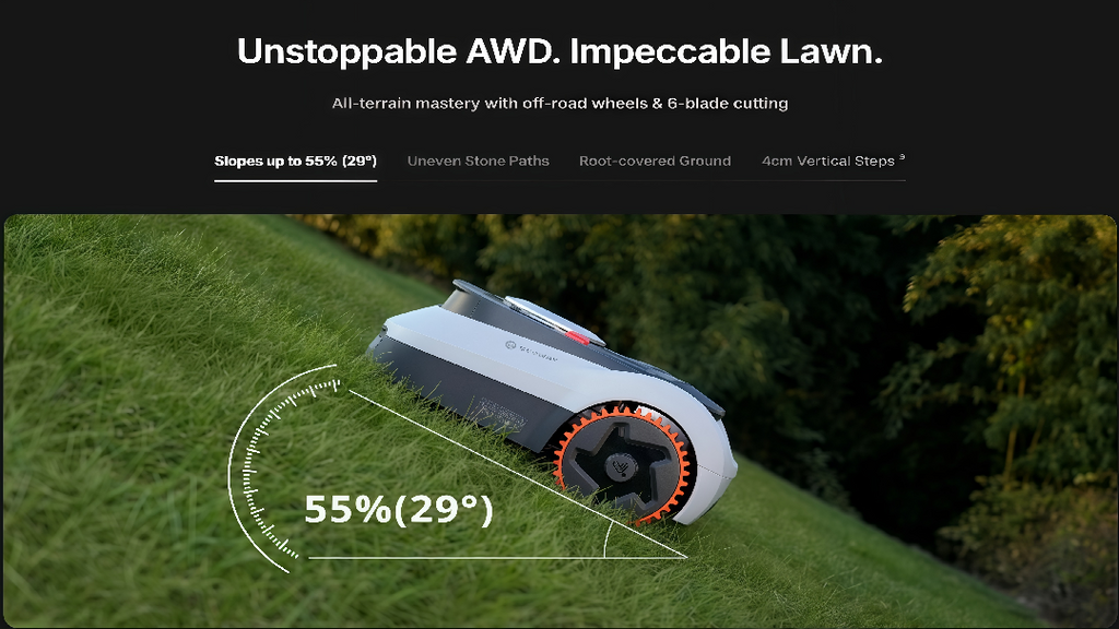 Gardening tool on a grassy hill with text about AWD and lawn cutting capabilities.