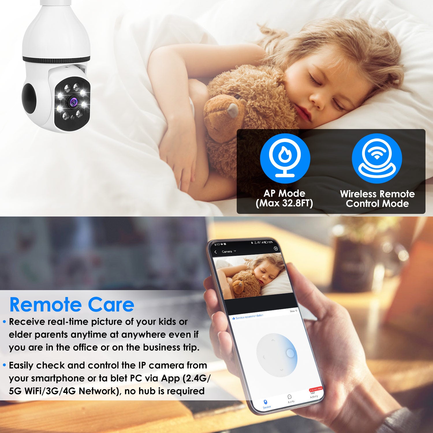 E27 WiFi bulb camera with 1080P pan‑tilt security, night vision, and two‑way audio