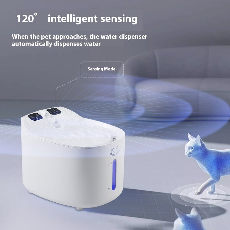 Pet water dispenser with 120-degree intelligent sensing feature, showing a cat approaching.