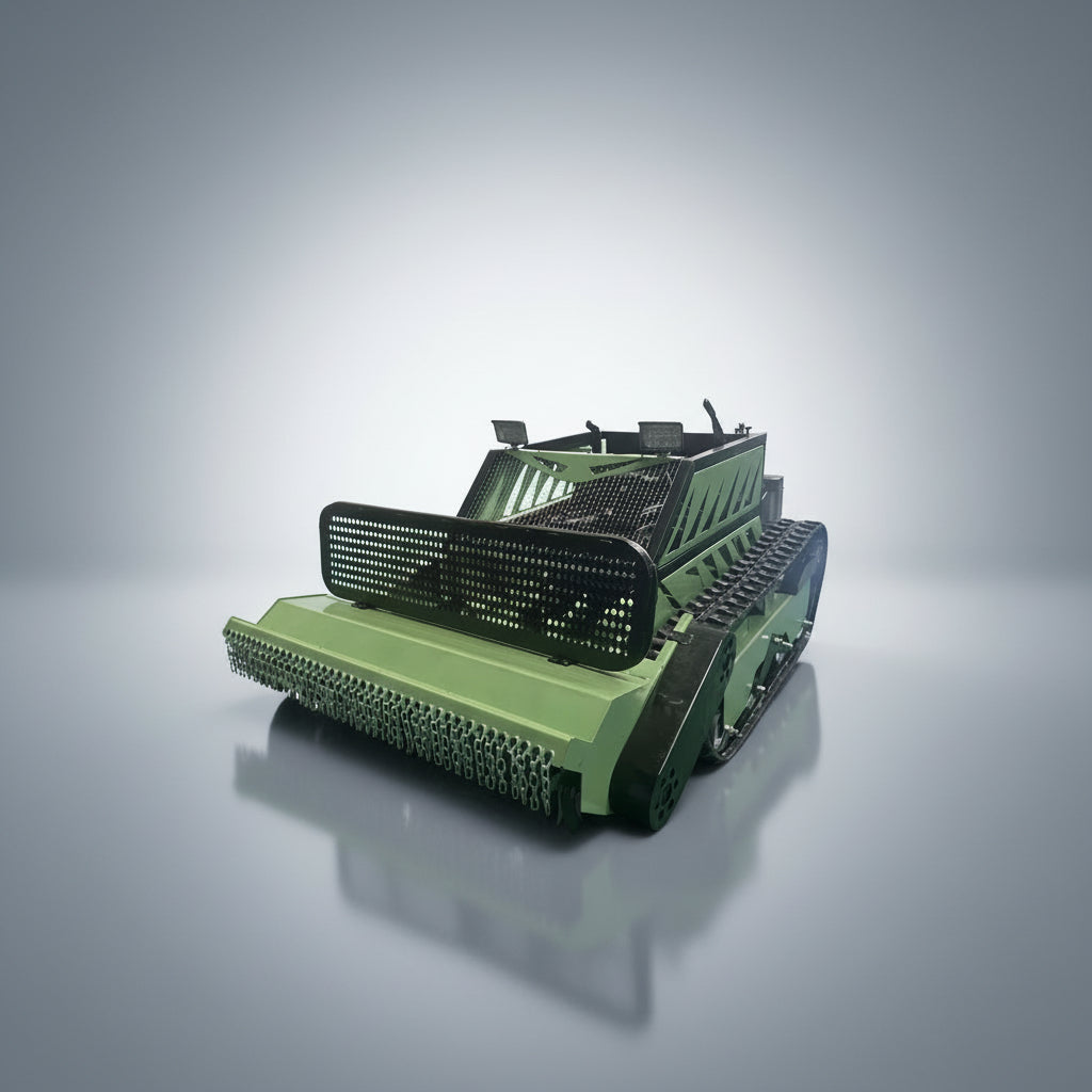 Green agricultural machine with a black front attachment on a white background