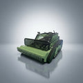 Green agricultural machine with a black front attachment on a white background