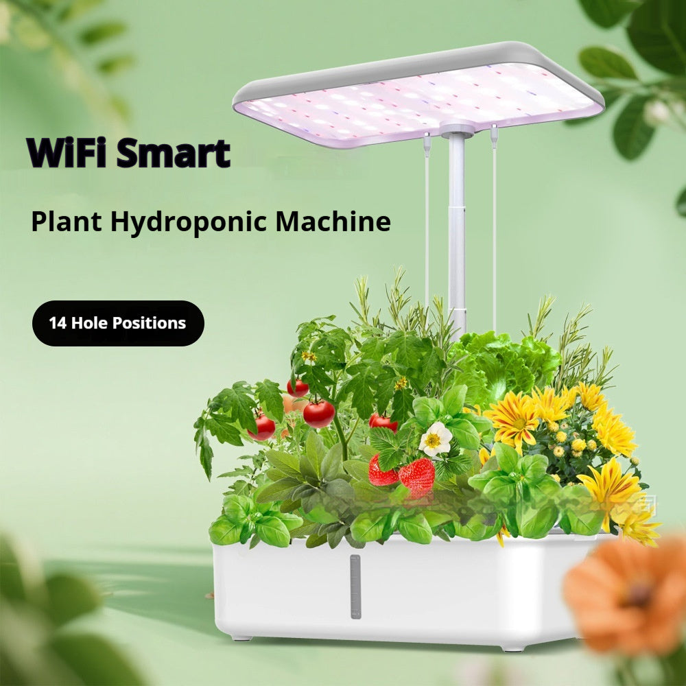 WiFi Smart Plant Hydroponic Machine with plants and LED lights on a green background