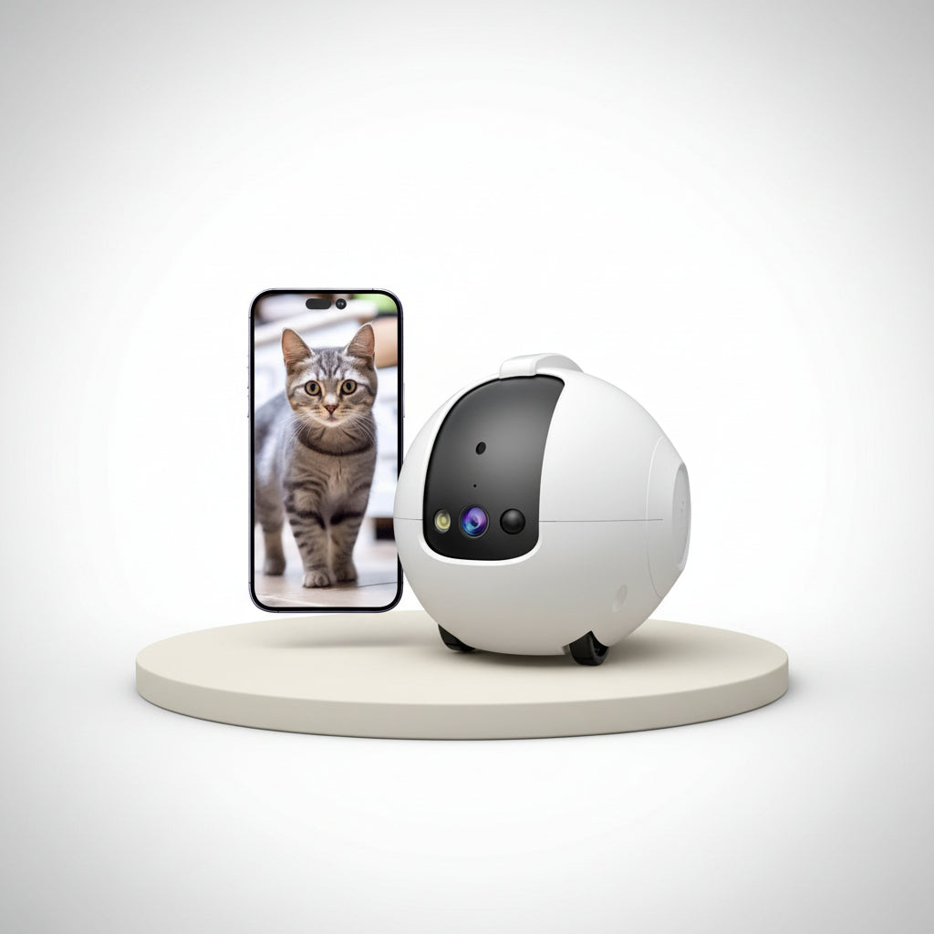 White spherical robot with camera lens, next to a smartphone displaying a cat photo and '4MP' text.