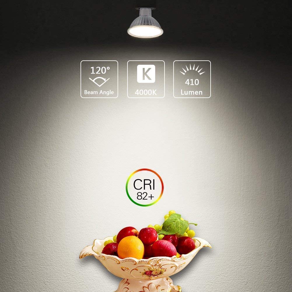LED light bulb with specifications and a bowl of fruit on a gray background