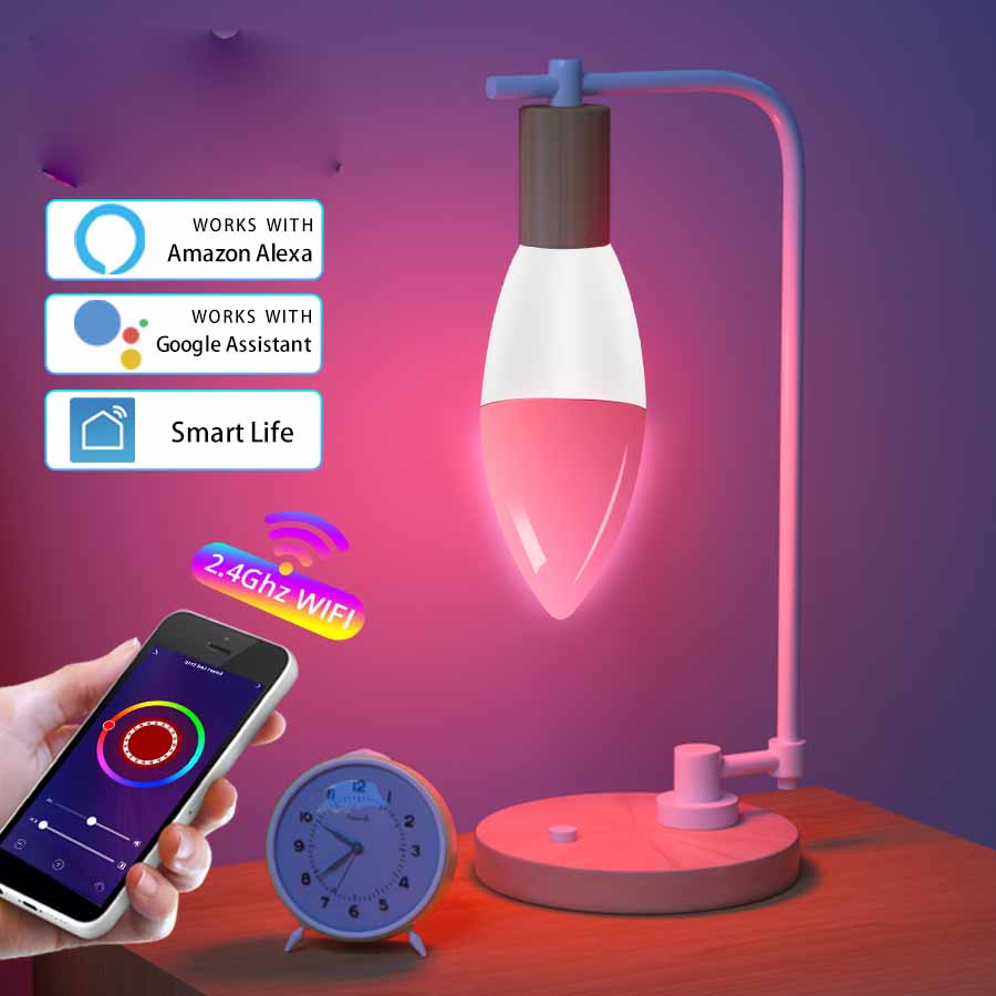 Smart LED lamp with smartphone control, works with Amazon Alexa, Google Assistant, and Smart Life, on a purple background.