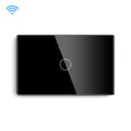 Black rectangular device with a circular button on a white background