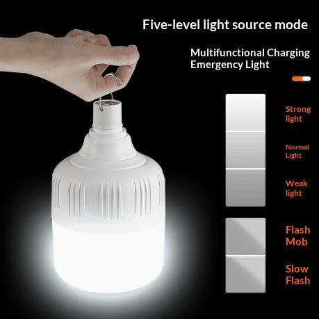 An illuminated white emergency lantern with a metal hanging loop, shown with a hand interacting with the top connector. The image includes text describing 'Five-level light source mode' and a side panel showing light intensity levels labeled Strong light, Normal Light, Weak light, Flash Mob, and Slow Flash, all on a black background.