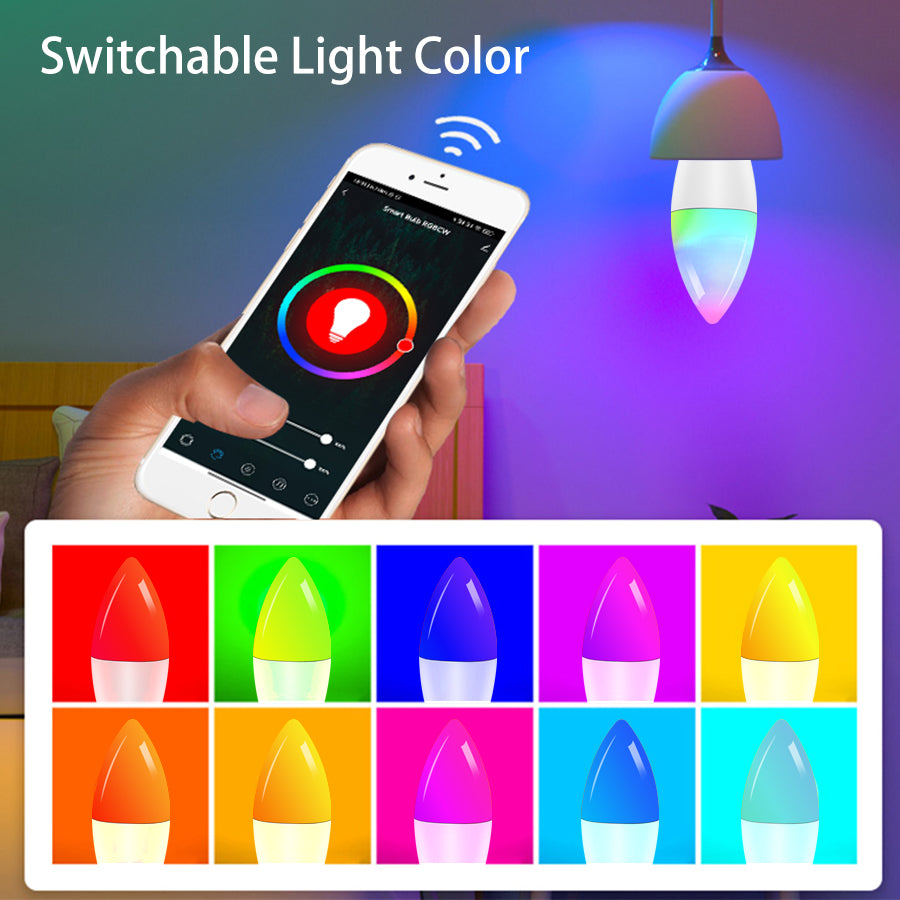 Smartphone controlling a switchable light color bulb with color swatches displayed.
