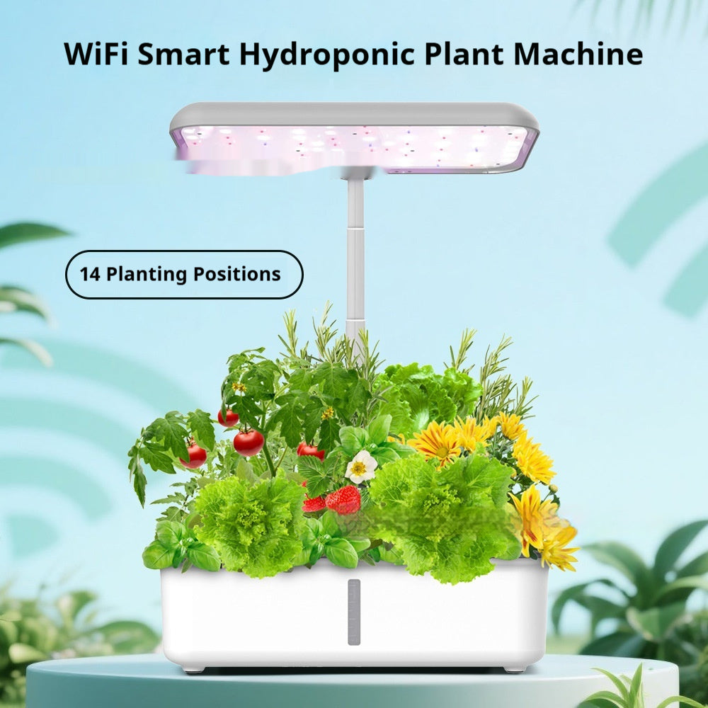 WiFi Smart Hydroponic Plant Machine with plants and LED lights on a light blue background