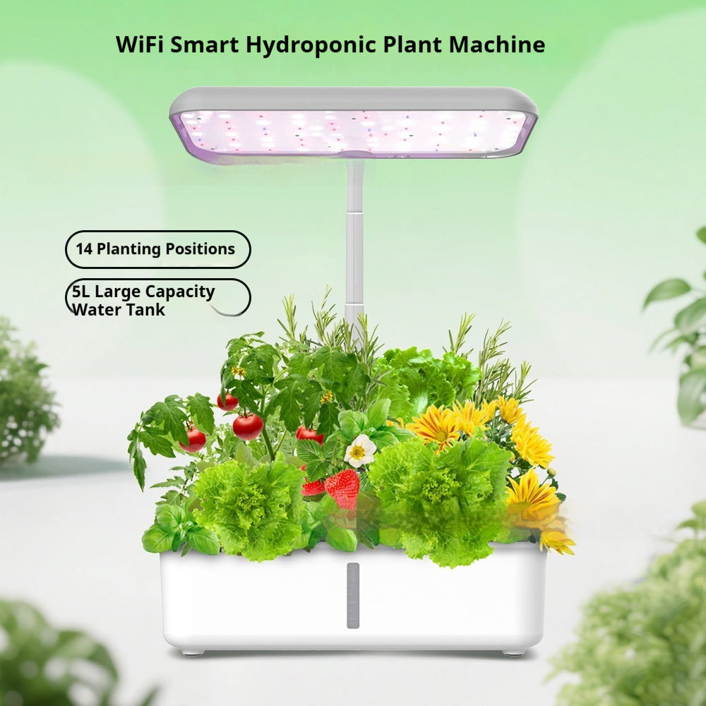 WiFi Smart Hydroponic Plant Machine with plants and LED light on a green background