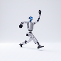 Robotic figure with a blue light on its chest against a white background