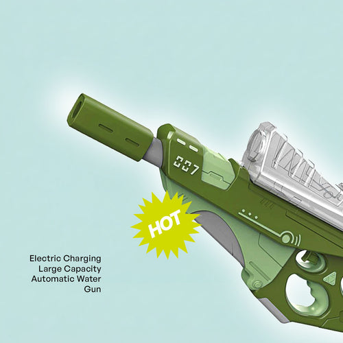 Green water gun with digital display and hot label on a light blue background