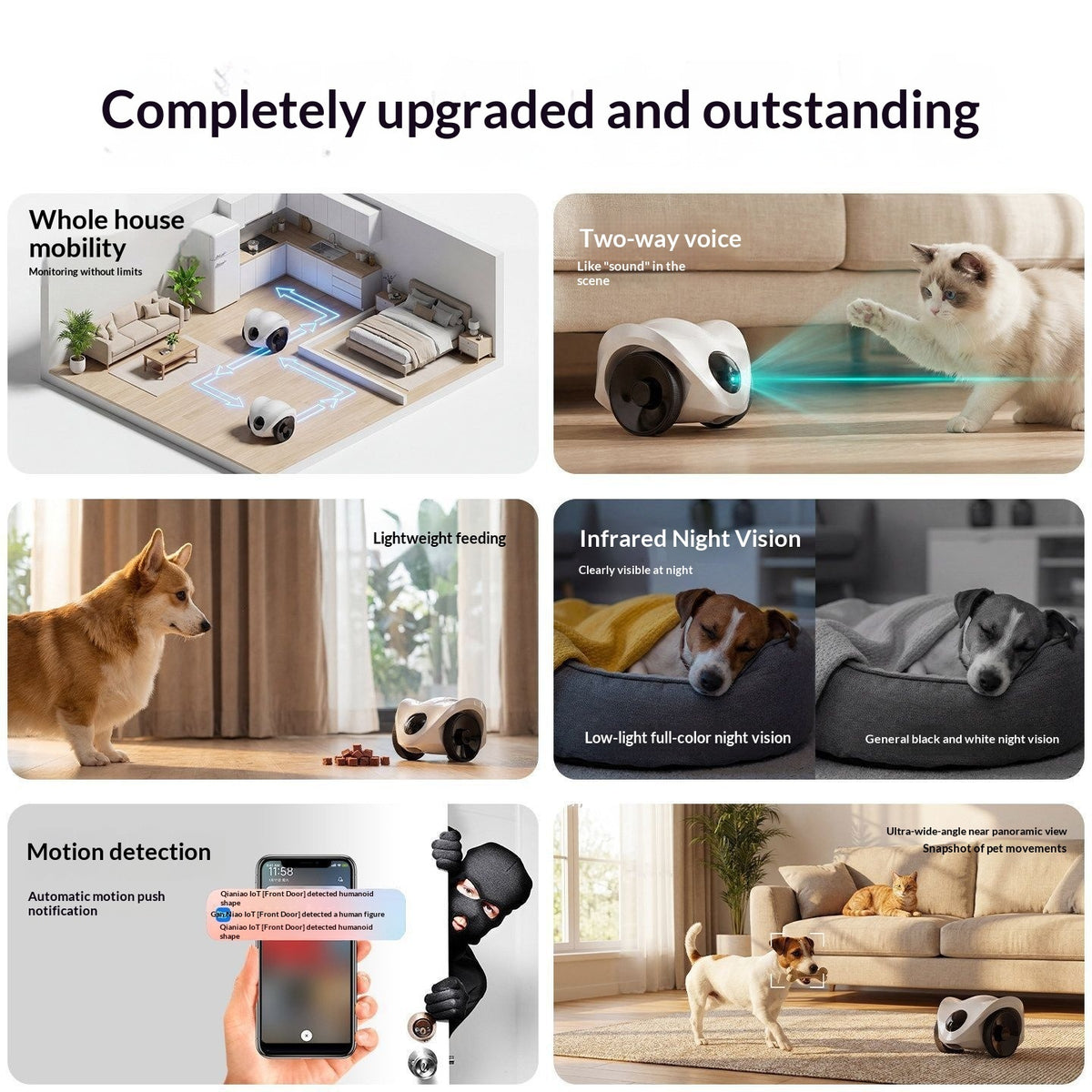 A 6-panel promotional collage for a pet camera and tracking device, with the headline 'Completely upgraded and outstanding.' The panels show the device in home scenes with a cat, dog, and another pet, highlighting features such as whole house mobility, two-way voice, lightweight feeding, infrared night vision, motion detection, and remote monitoring on a phone.