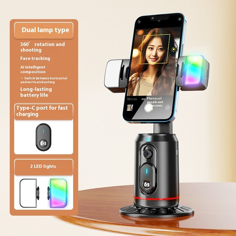Smartphone with a ring light on a stand, surrounded by text and icons on an orange background.