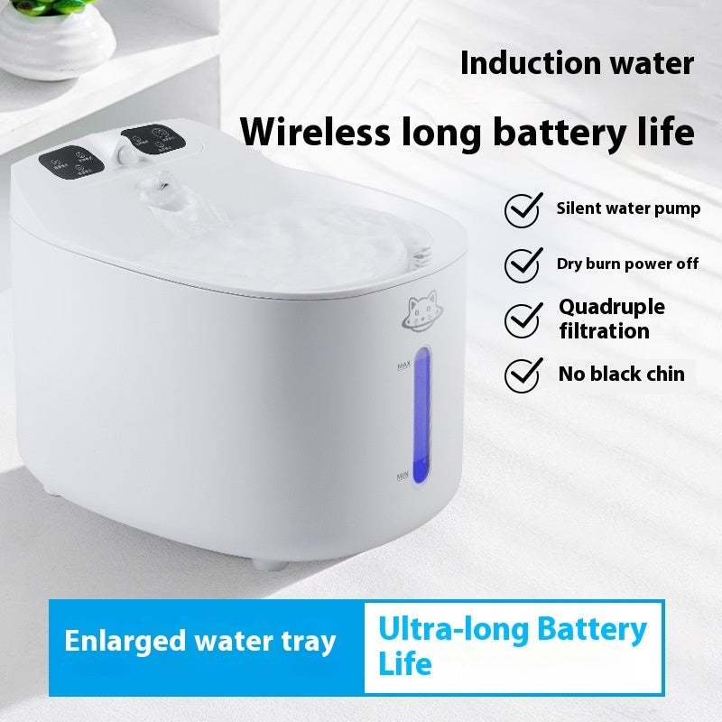 White pet water fountain with features listed on a white background