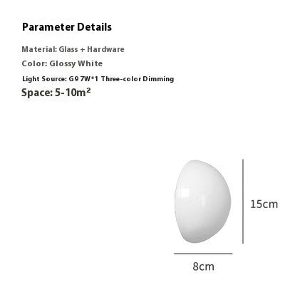 Parameter details graphic for a glossy white dome-shaped light fixture, showing dimensions of 15cm height and 8cm width, with text listing material as glass and hardware.