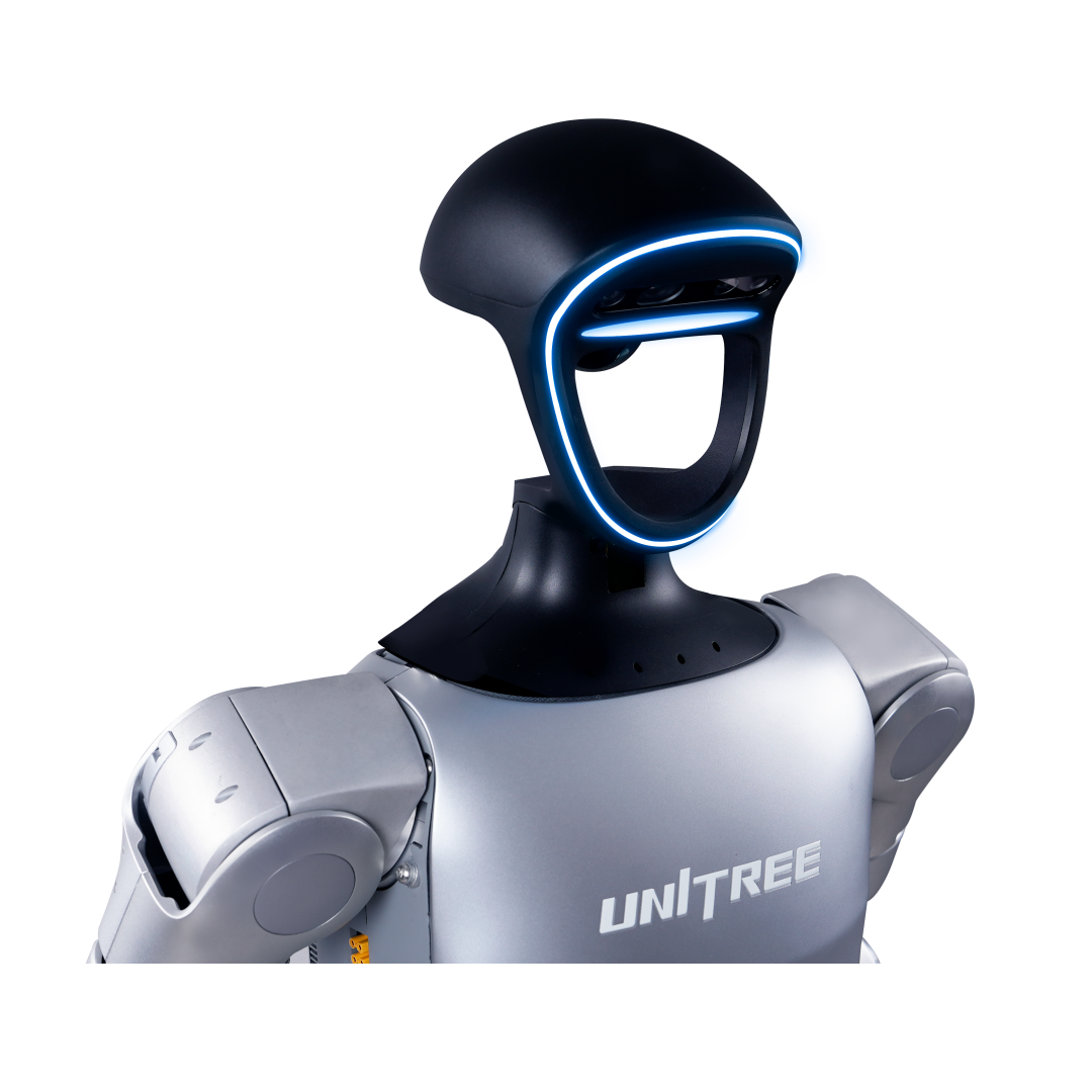 Robotic avatar with a black helmet and silver body on a white background, featuring the 'UNITREE' brand.
