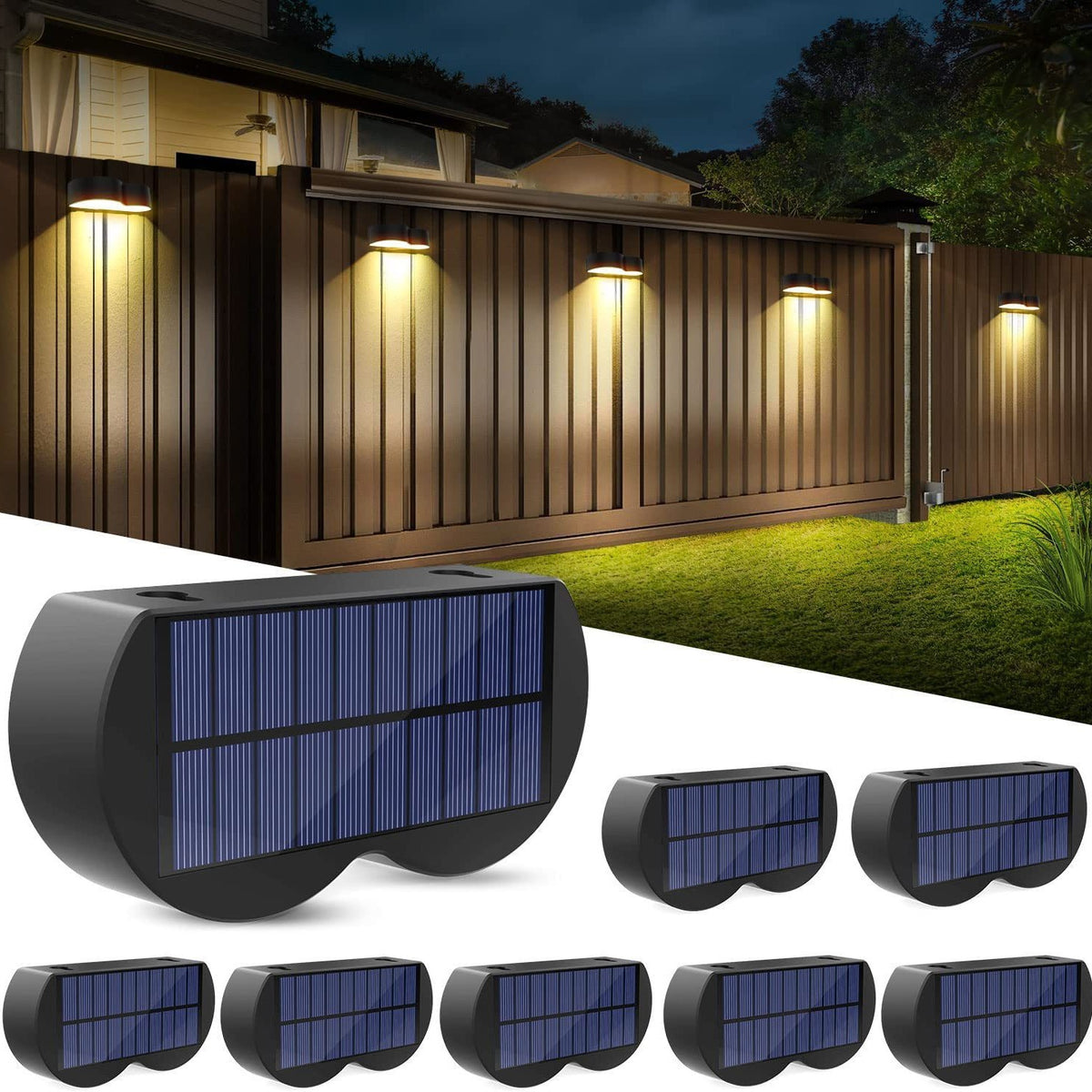 Solar-powered outdoor lights on a wooden deck with a dark sky background