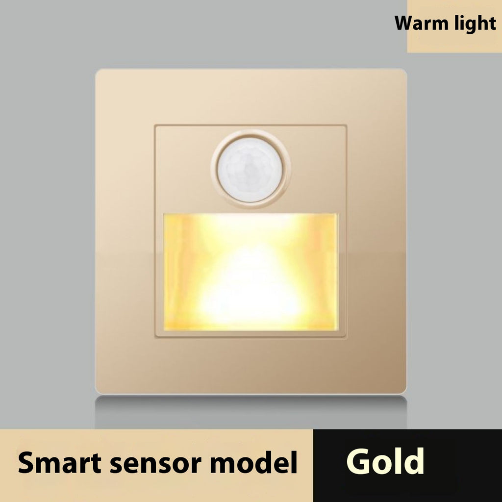 Gold smart sensor light on a gray background with 'Warm light' text.