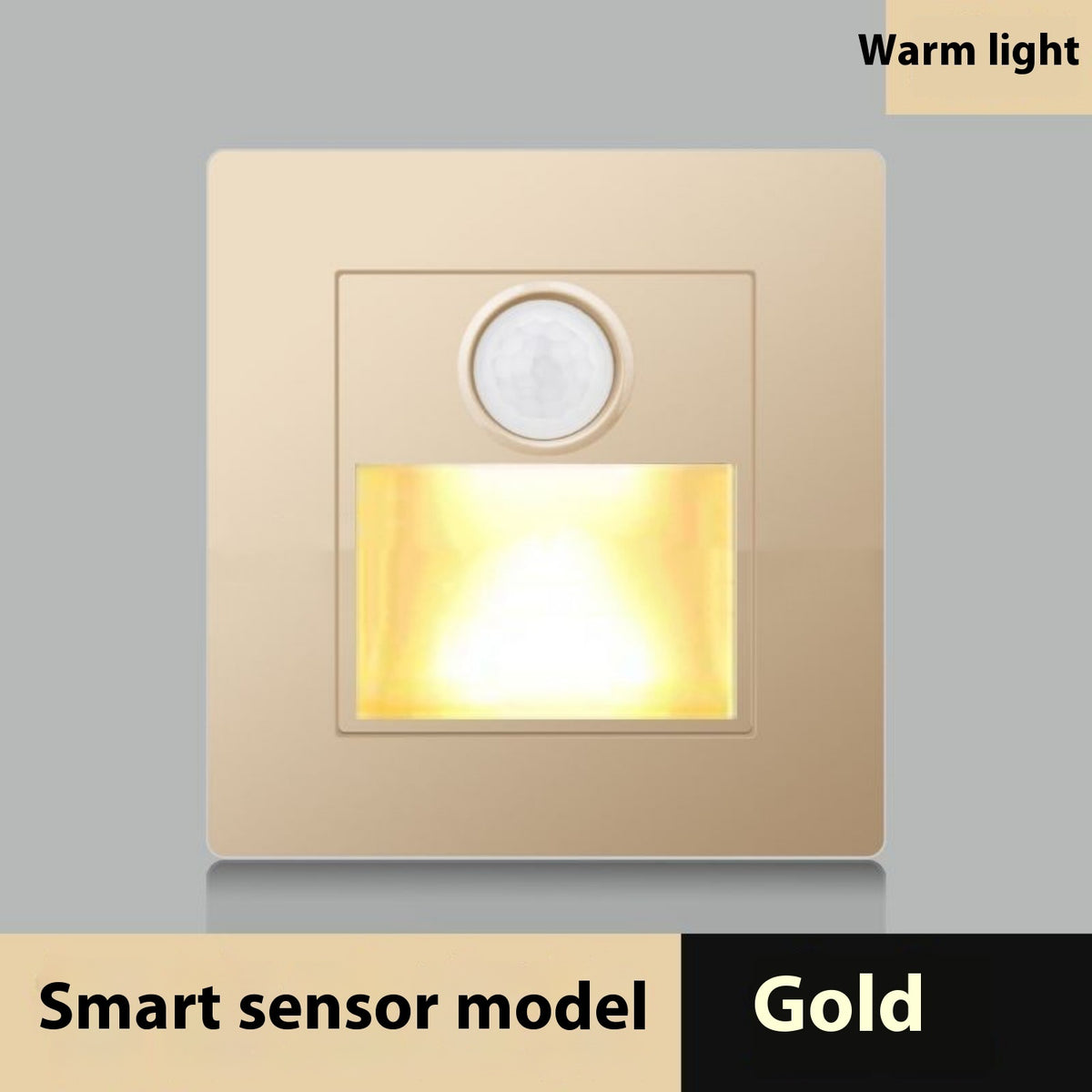 Gold smart sensor light on a gray background with 'Warm light' text.