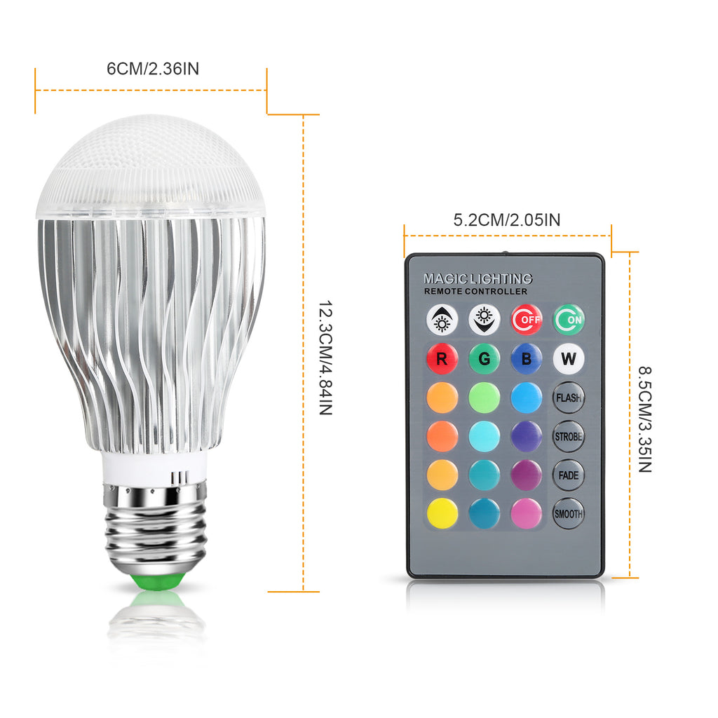 LED light bulb and remote control with dimensions on a white background