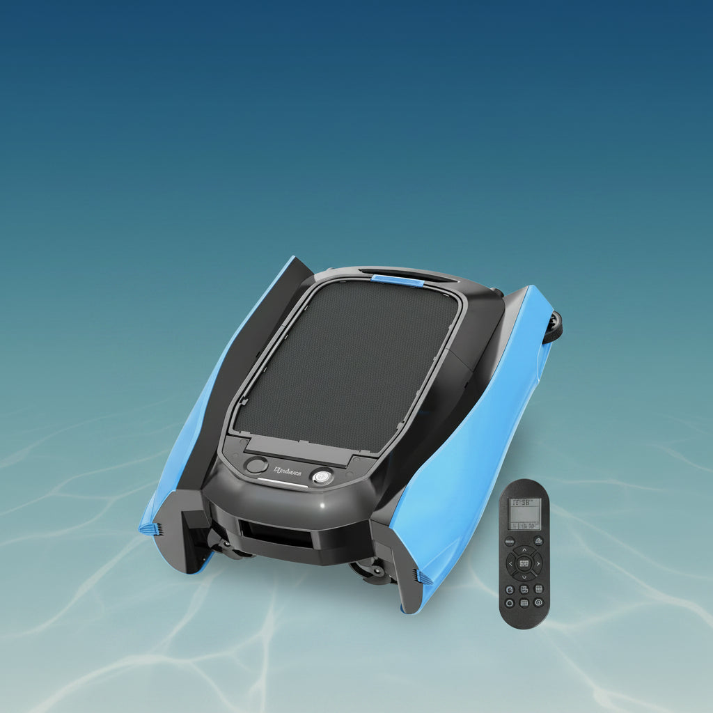 Portable grill with blue and black design and a remote control on a white background
